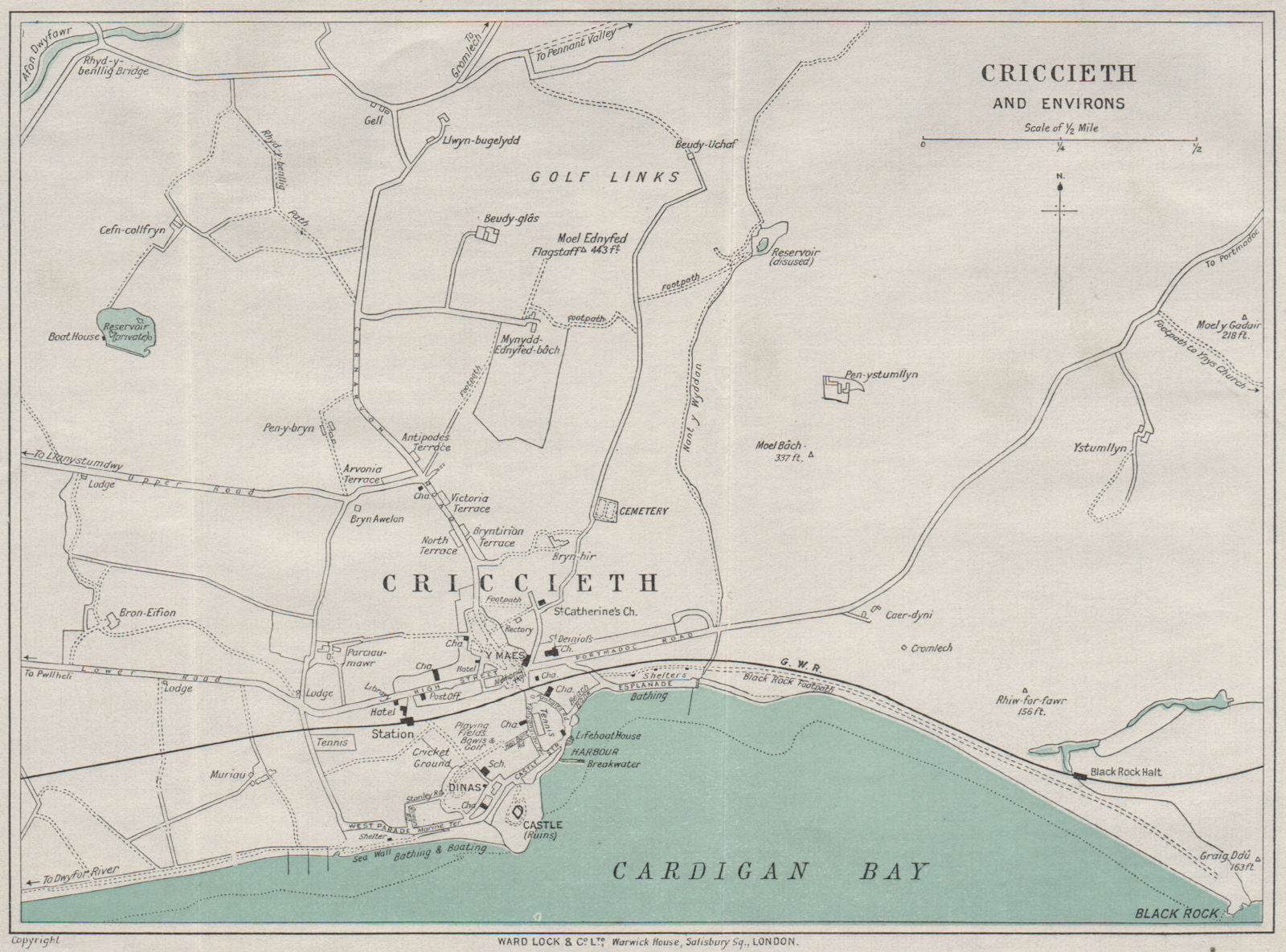 CRICCIETH AND ENVIRONS vintage town/city plan. Wales. WARD LOCK 1935 old map